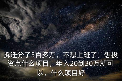 拆遷分了3百多萬，不想上班了，想投資點什么項目，年入20到30萬就可以，什么項目好